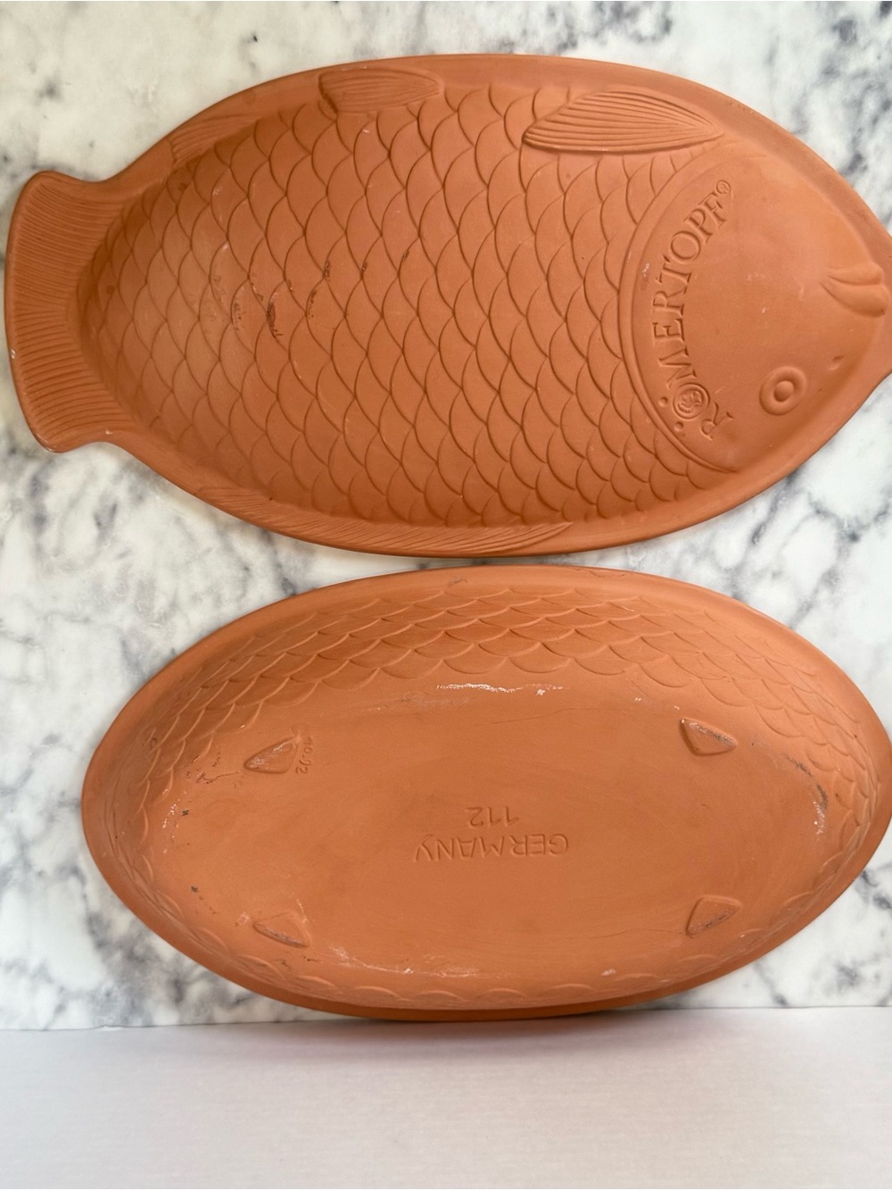 Vintage Unglazed Terracotta Romertopf Fish Baker Dish Model 112 Made in Germany